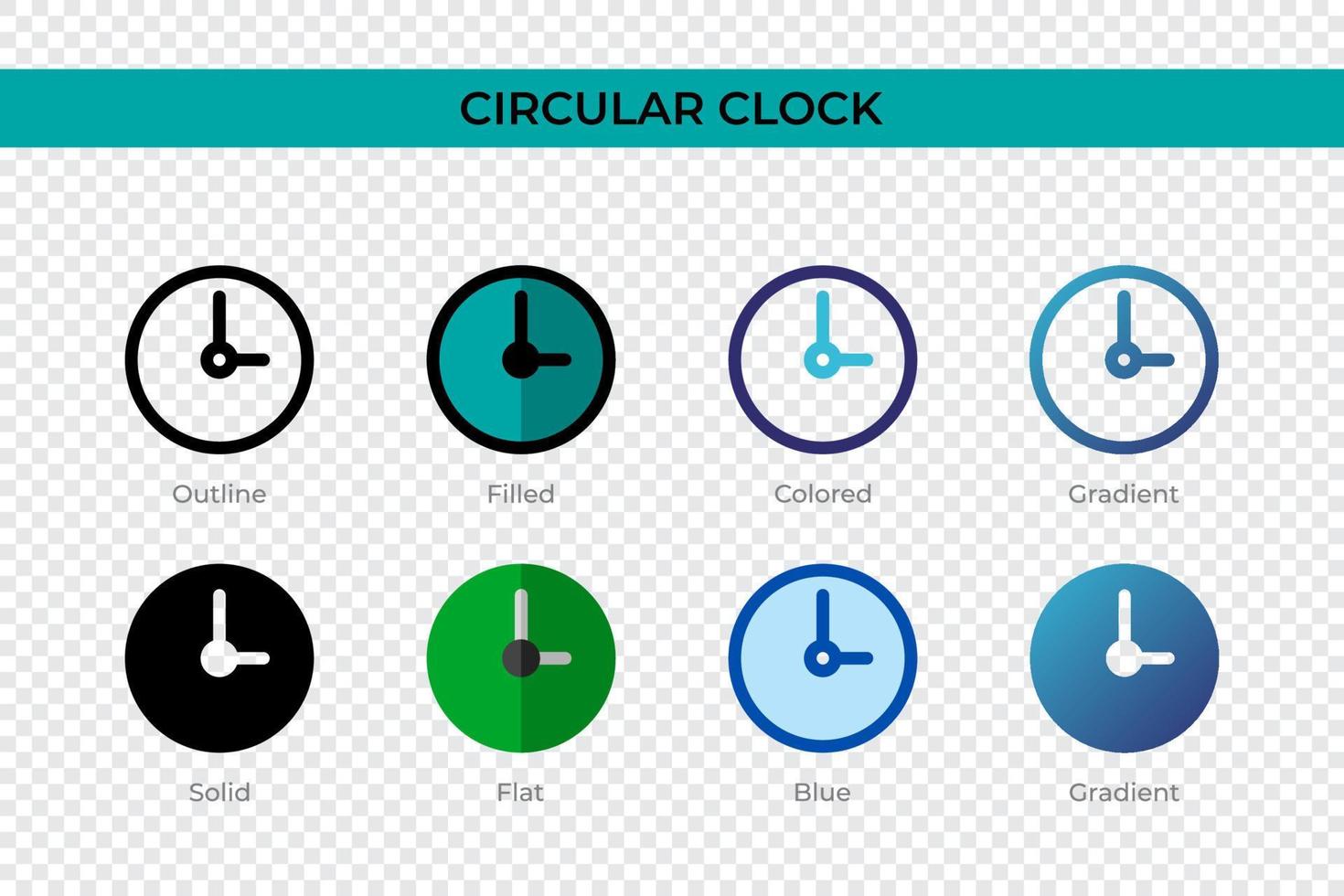 ícone de relógio circular em estilo diferente. ícones de vetor de relógio circular projetados em estilo de contorno, sólido, colorido, preenchido, gradiente e plano. símbolo, ilustração do logotipo. ilustração vetorial