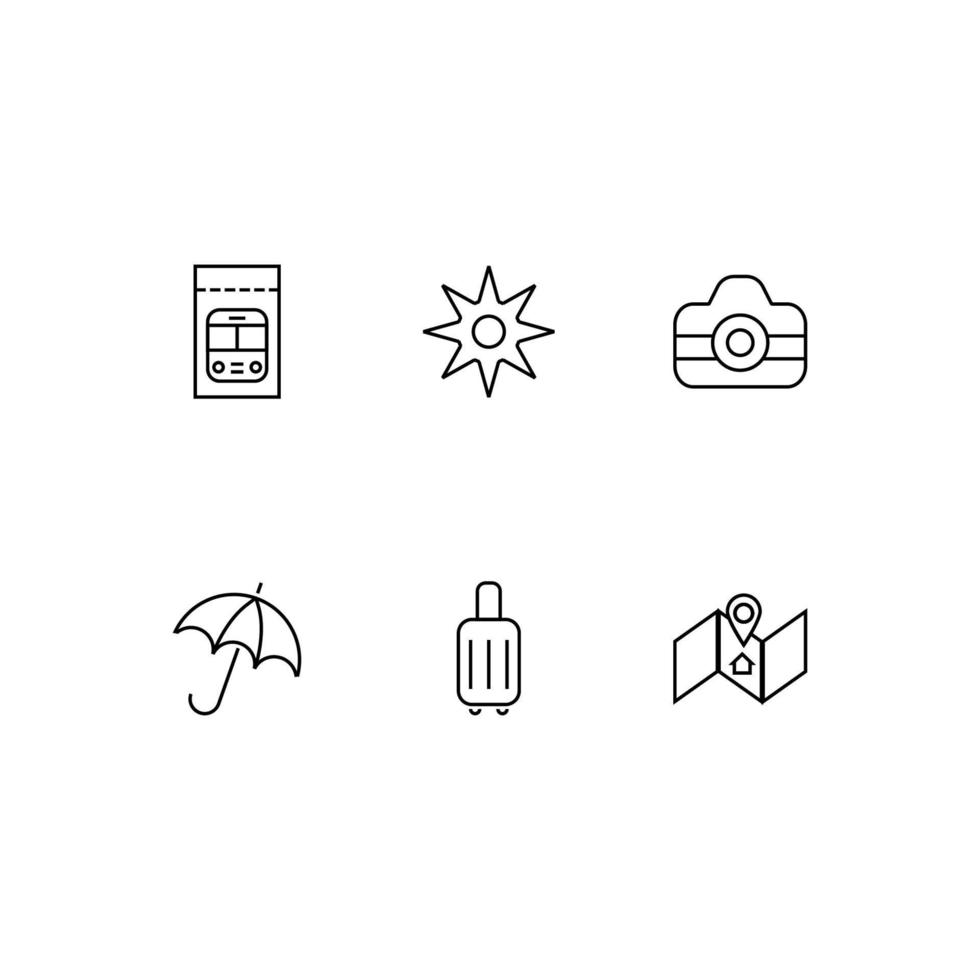 símbolo de contorno em estilo plano moderno adequado para propaganda, livros, lojas. ícone de linha definido com ícones de passagem de ônibus, sol, câmera fotográfica, guarda-chuva, bagagem, passeios turísticos vetor
