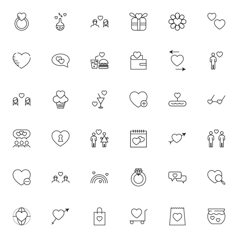 sinal de contorno relacionado ao coração e romance. traço editável. sinal moderno em estilo simples. adequado para anúncios, artigos, livros etc. coleção de linha incluindo ícones de vários itens ao lado de corações vetor