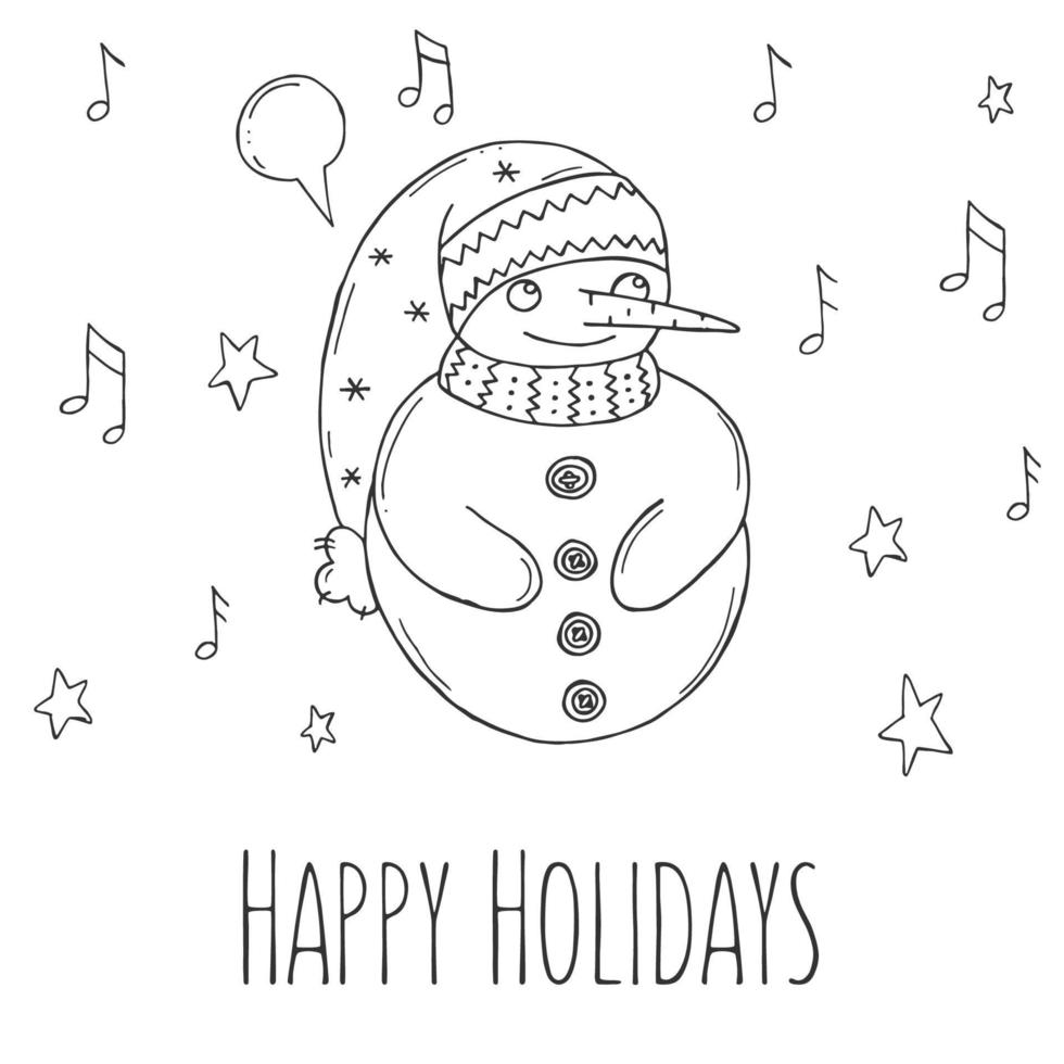 boneco de neve bonito com estrelas e notas sobre um fundo branco. ilustração vetorial em estilo doodle. clima de inverno. olá 2023. feliz natal e feliz ano novo. vetor