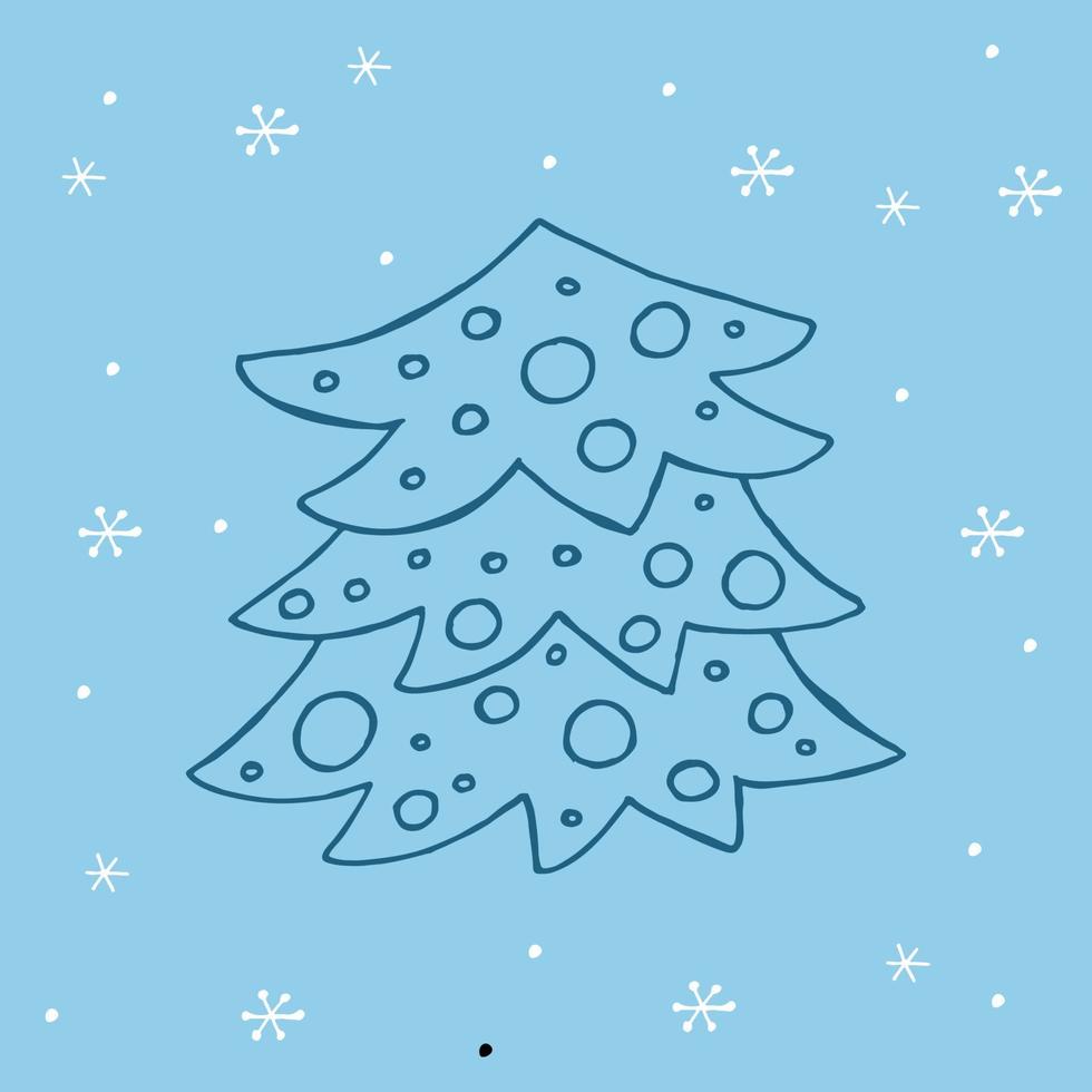 uma árvore de natal desenhada à mão. ilustração vetorial em estilo doodle. clima de inverno. olá 2023. feliz natal e feliz ano novo. elemento azul escuro com flocos de neve brancos sobre um fundo azul. vetor
