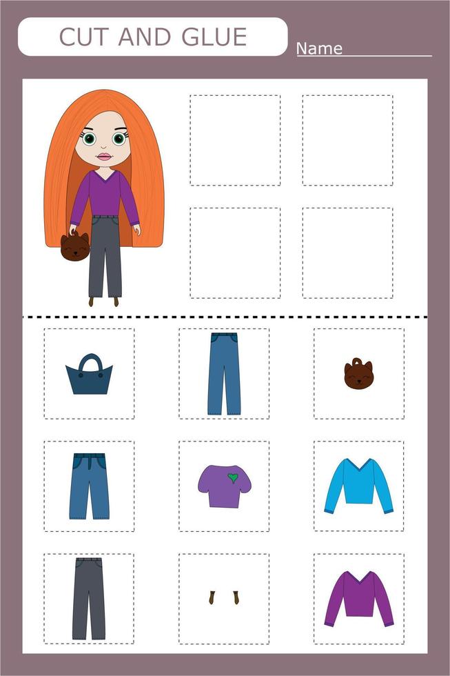 jogo educativo para uma criança escolher as roupas que a menina está vestindo de todas as opções, cortar e colar vetor