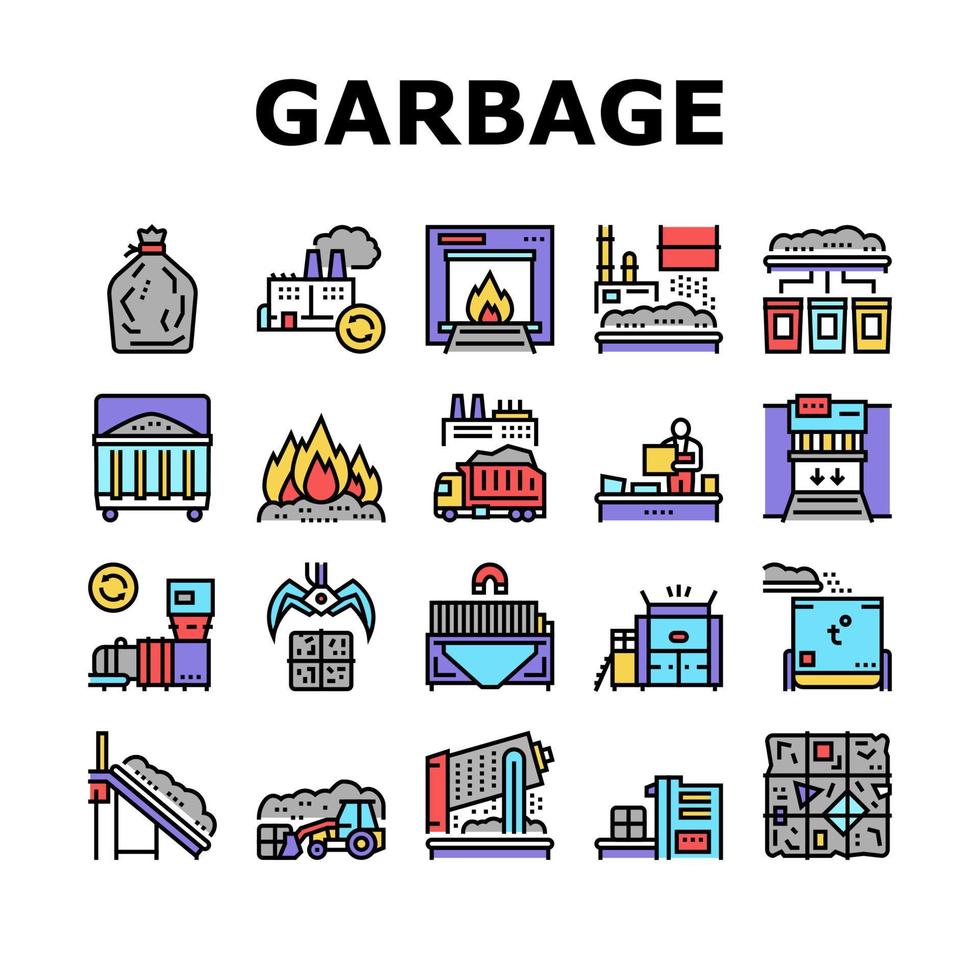 conjunto de ícones de coleta de lixo de fábrica vetor