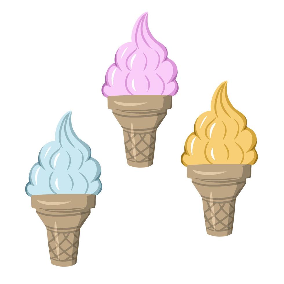 conjunto multicolorido de sorvete de frutas em uma xícara de waffle, cone, sobremesa doce e fria, ilustração vetorial de desenho animado, plana vetor