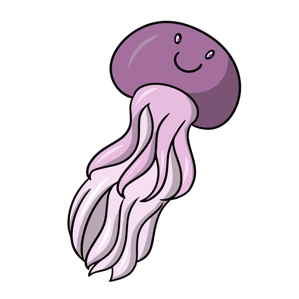 vida marinha, água-viva roxa com um sorriso e longos apêndices, ilustração vetorial em estilo cartoon em um fundo branco vetor