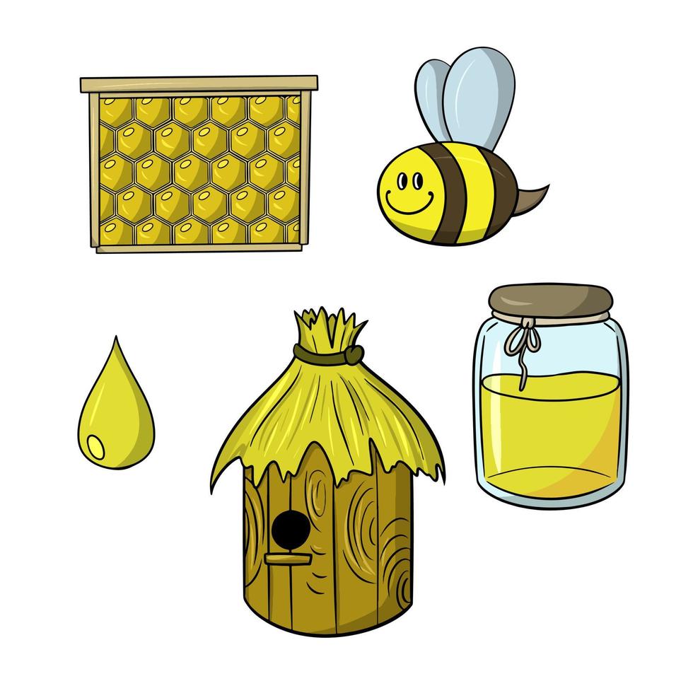 conjunto de ícones, coleção de mel, colmeia e abelha, ilustração vetorial em estilo cartoon sobre fundo branco vetor