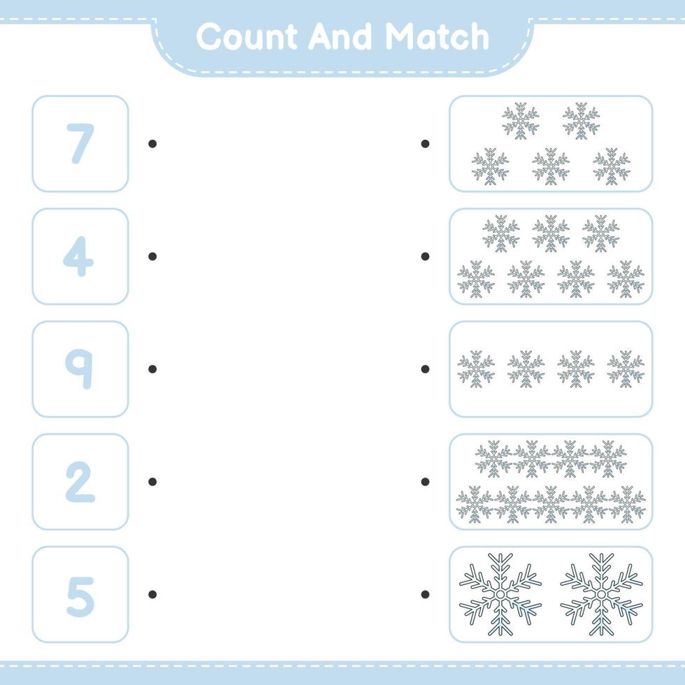 conte e combine, conte o número de flocos de neve e combine com os números certos. jogo educativo para crianças, planilha para impressão, ilustração vetorial vetor