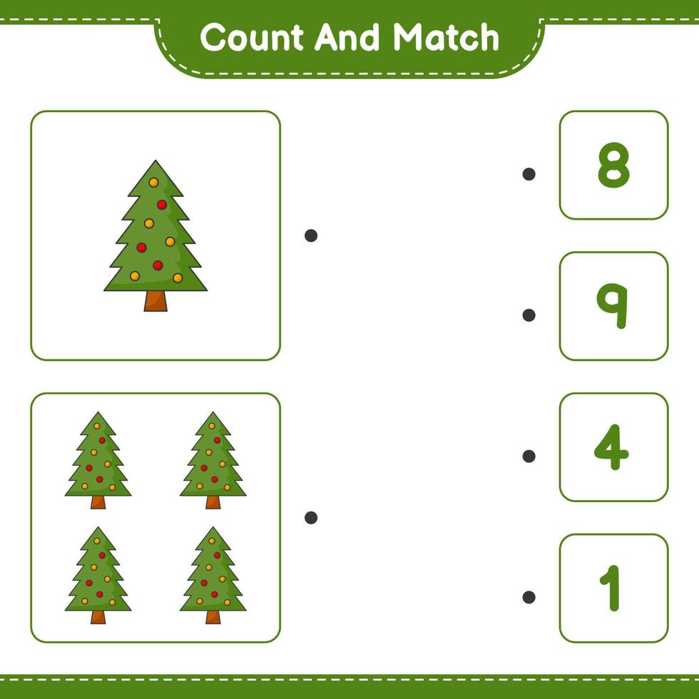 conte e combine, conte o número de árvores de natal e combine com os números certos. jogo educativo para crianças, planilha para impressão, ilustração vetorial vetor