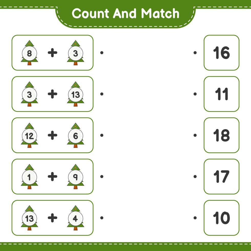 conte e combine, conte o número de árvores de natal e combine com os números certos. jogo educativo para crianças, planilha para impressão, ilustração vetorial vetor