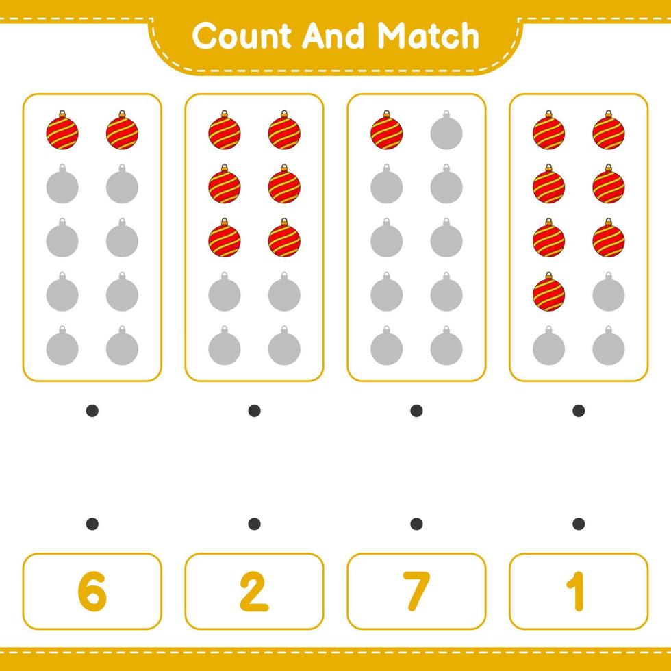 conte e combine, conte o número de bolas de natal e combine com os números certos. jogo educativo para crianças, planilha para impressão, ilustração vetorial vetor