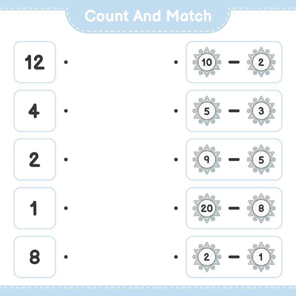 conte e combine, conte o número de flocos de neve e combine com os números certos. jogo educativo para crianças, planilha para impressão, ilustração vetorial vetor