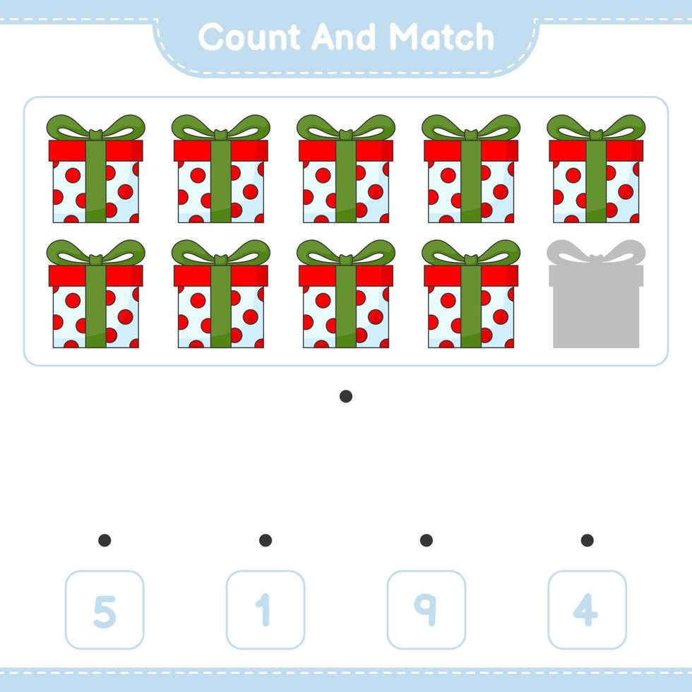 conte e combine, conte o número de caixa de presente e combine com os números certos. jogo educativo para crianças, planilha para impressão, ilustração vetorial vetor