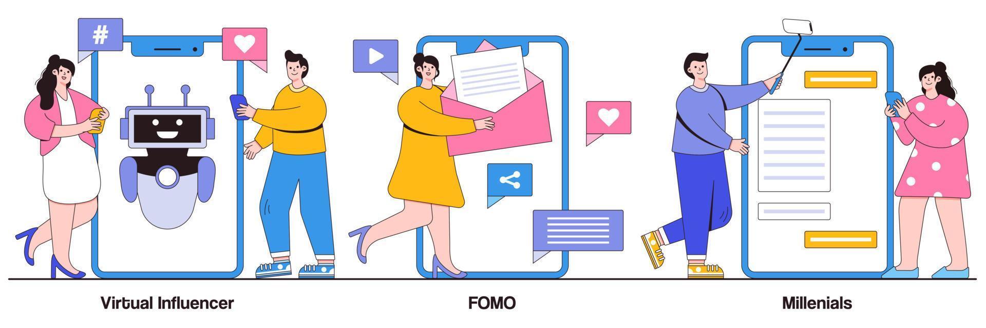 influenciador virtual, fomo, conceito de geração millennials com pessoas minúsculas. conjunto de ilustração vetorial de comunicação online. mídia digital nativa e social, avatar de marca, medo de perder a metáfora vetor