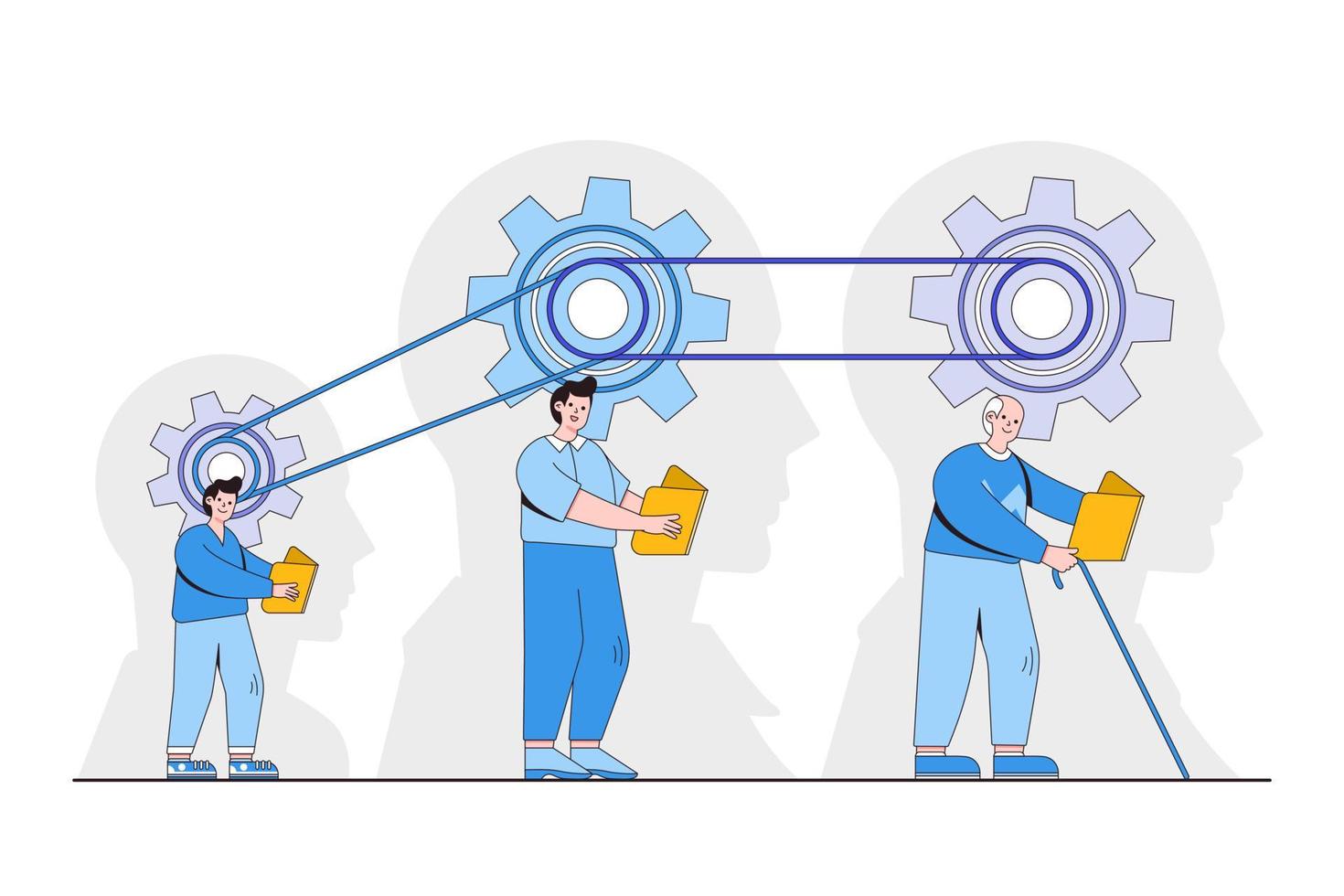 aprendizagem ao longo da vida, auto-estudo para melhorar o desenvolvimento de habilidades, conceitos de educação para todas as idades. pessoas em diferentes gerações transferem conhecimento em seu cérebro com aprendizado e leitura de livros vetor