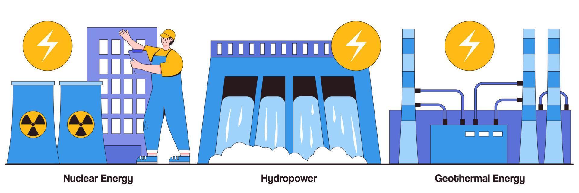 usina nuclear, energia hidrelétrica, conceito de energia geotérmica com caráter de pessoas. fontes de energia abstratas conjunto de ilustração vetorial. gerar eletricidade, turbina de barragem, usinas de energia, metáfora de bomba de calor vetor