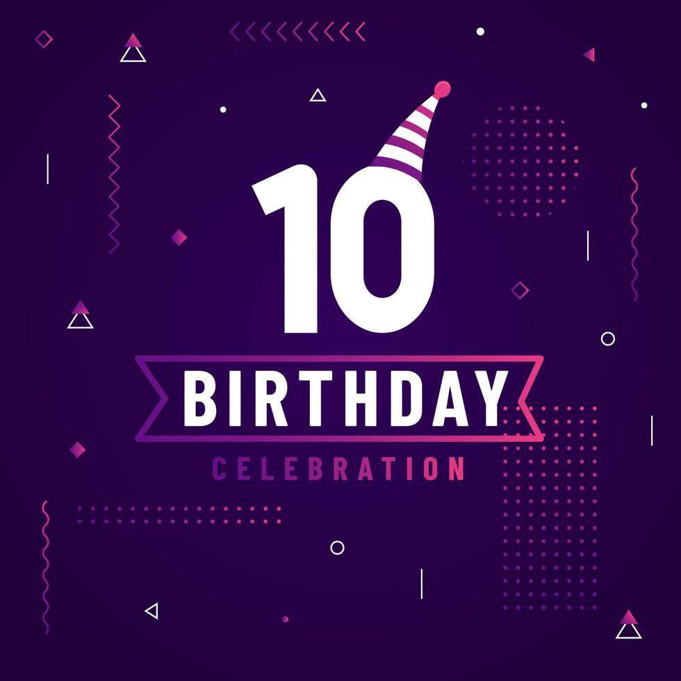 Cartão de cumprimentos de aniversário de 10 anos, vetor livre de fundo de celebração de aniversário de 10 anos.