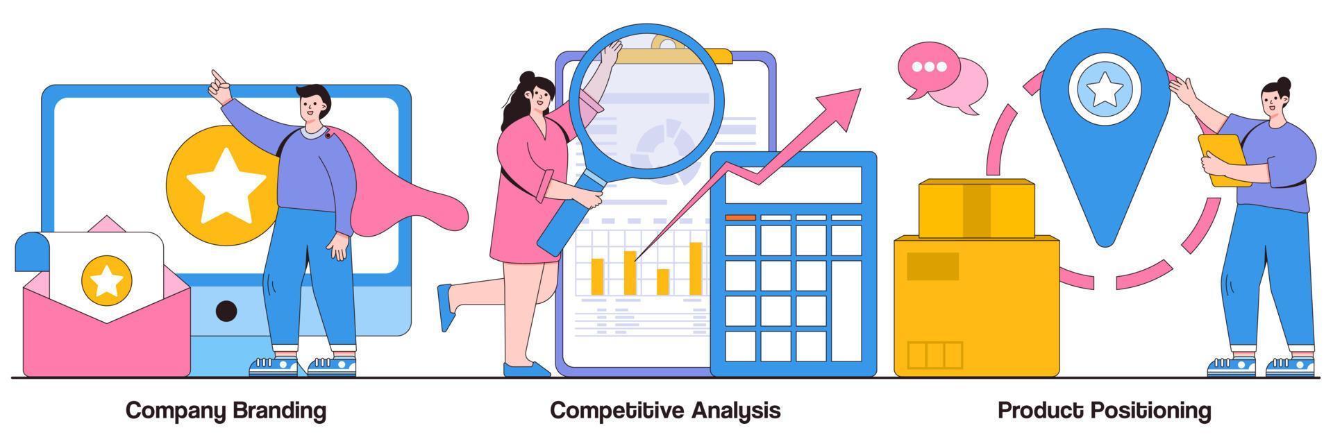 branding da empresa, análise competitiva, pacote ilustrado de posicionamento do produto vetor