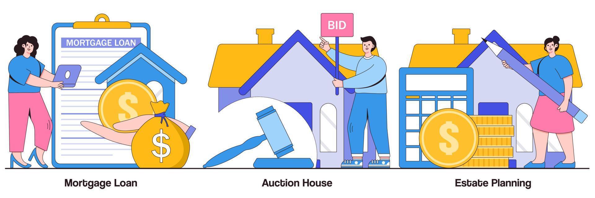 empréstimo hipotecário, casa de leilões e pacote ilustrado de planejamento imobiliário vetor