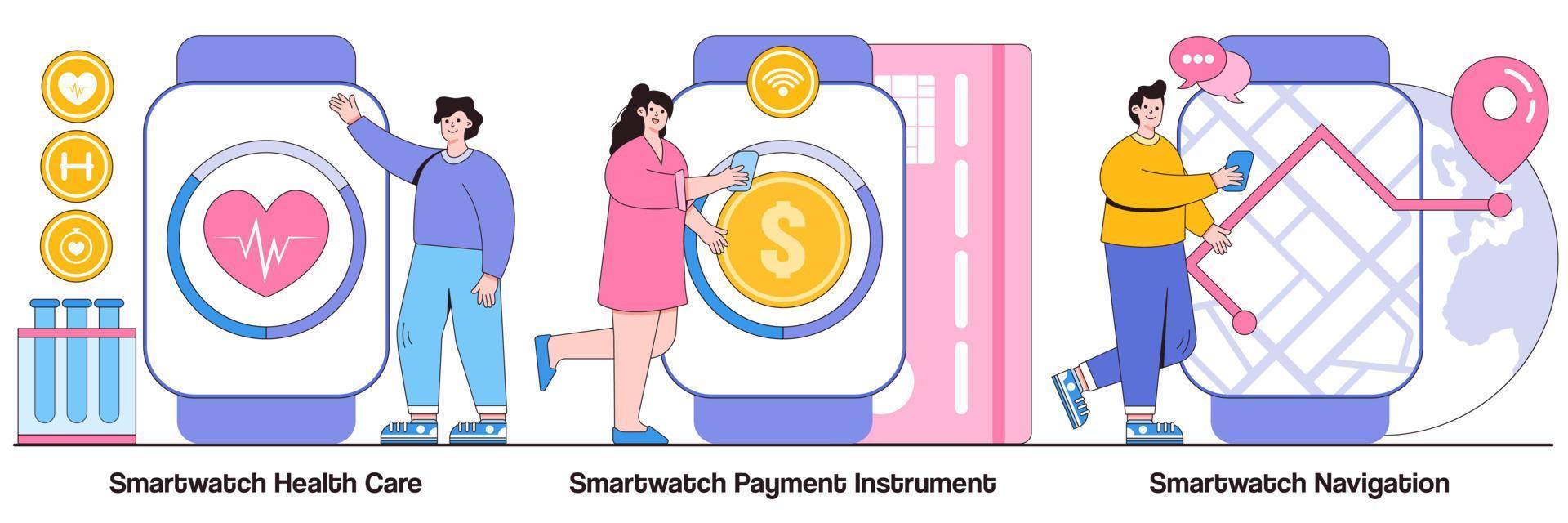 smartwatch cuidados de saúde, instrumento de pagamento e pacote ilustrado de navegação vetor