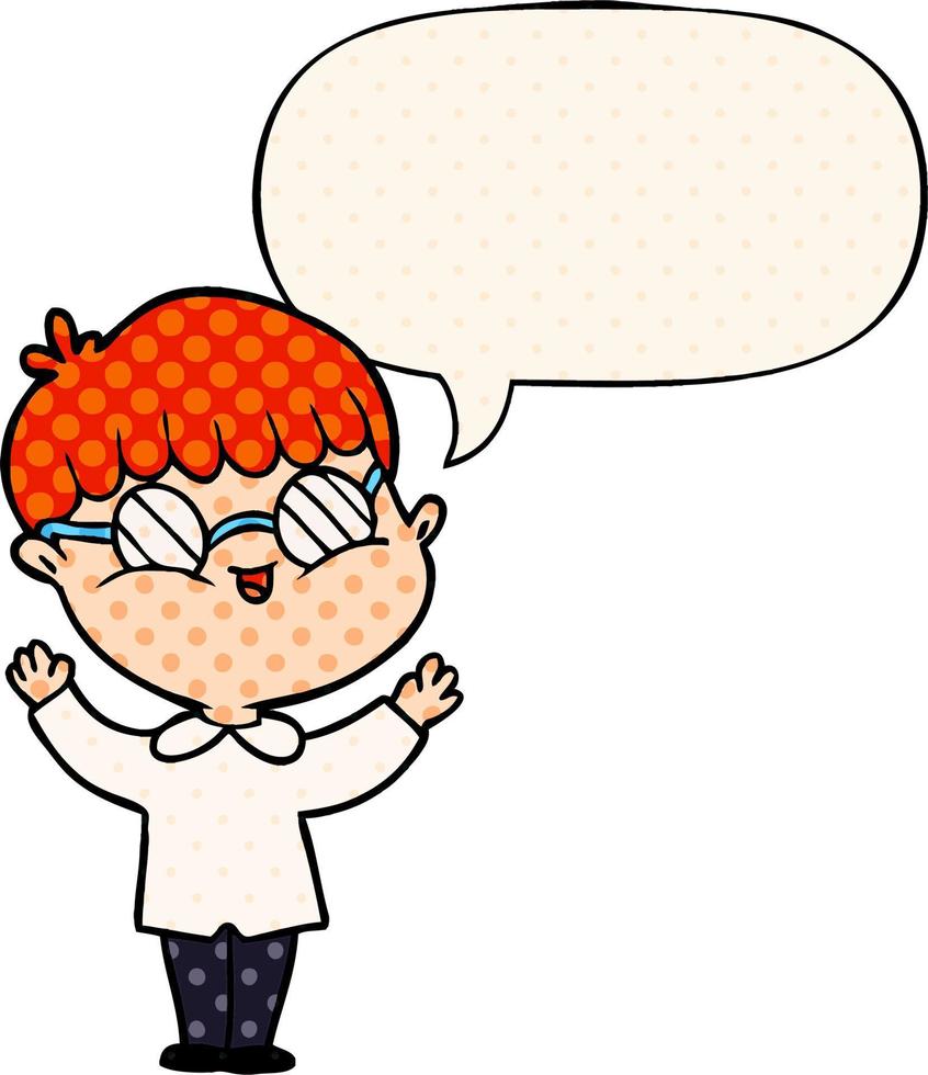 menino de desenho animado usando óculos e bolha de fala no estilo de quadrinhos vetor