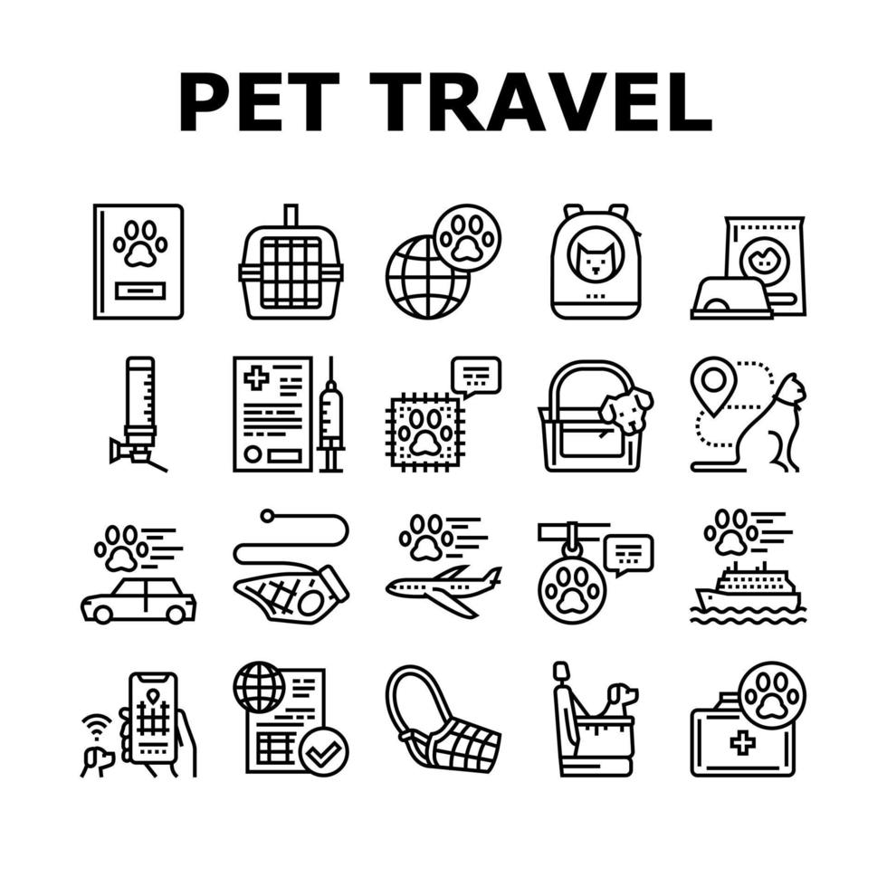 conjunto de ícones de coleção de equipamentos de viagem para animais de estimação vetor