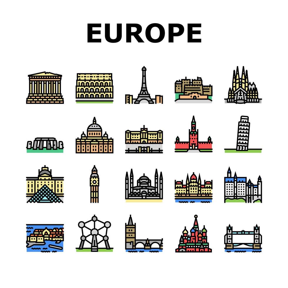 conjunto de ícones de construção de monumento da europa vetor