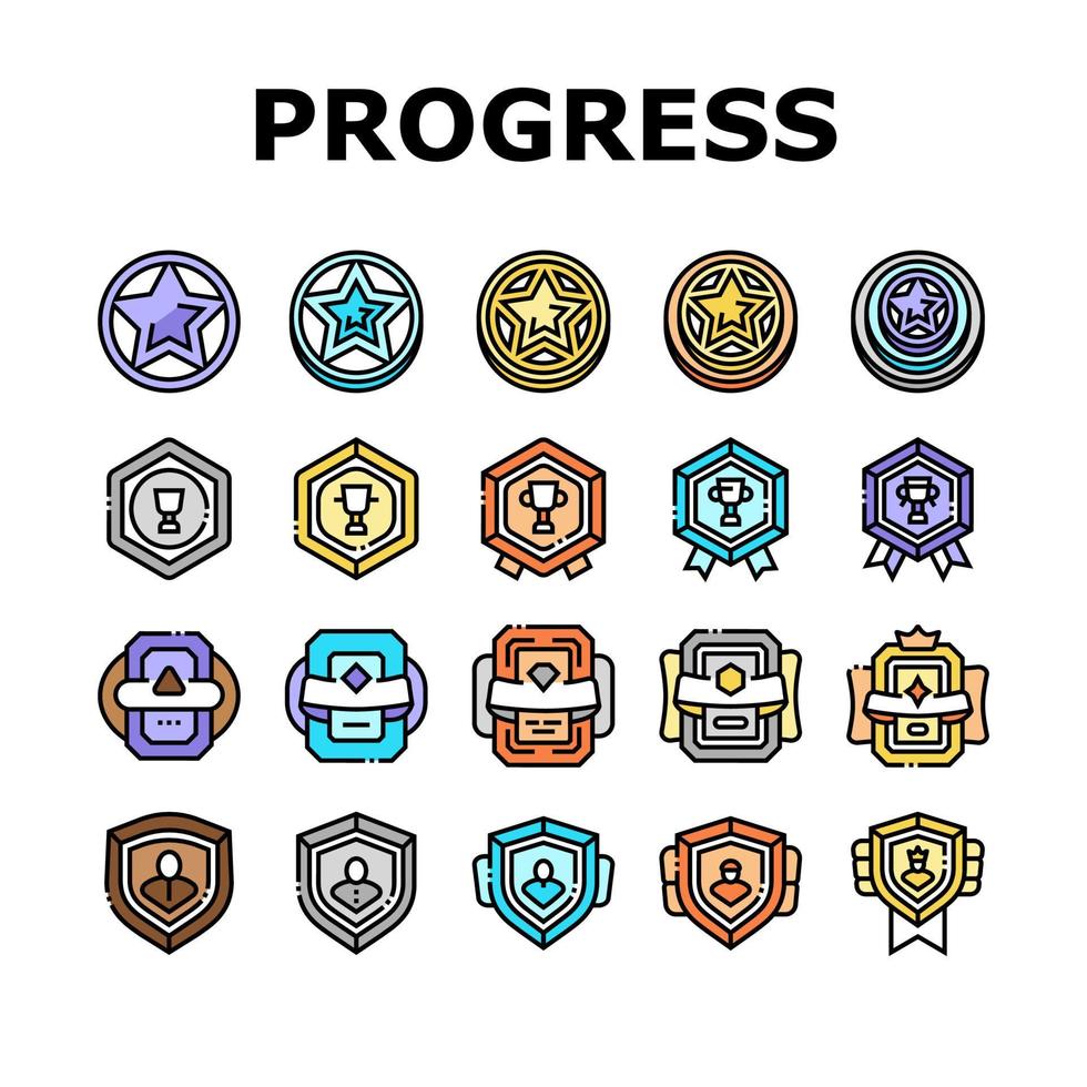 vetor de conjunto de ícones de medalha e prêmio de progresso do jogo