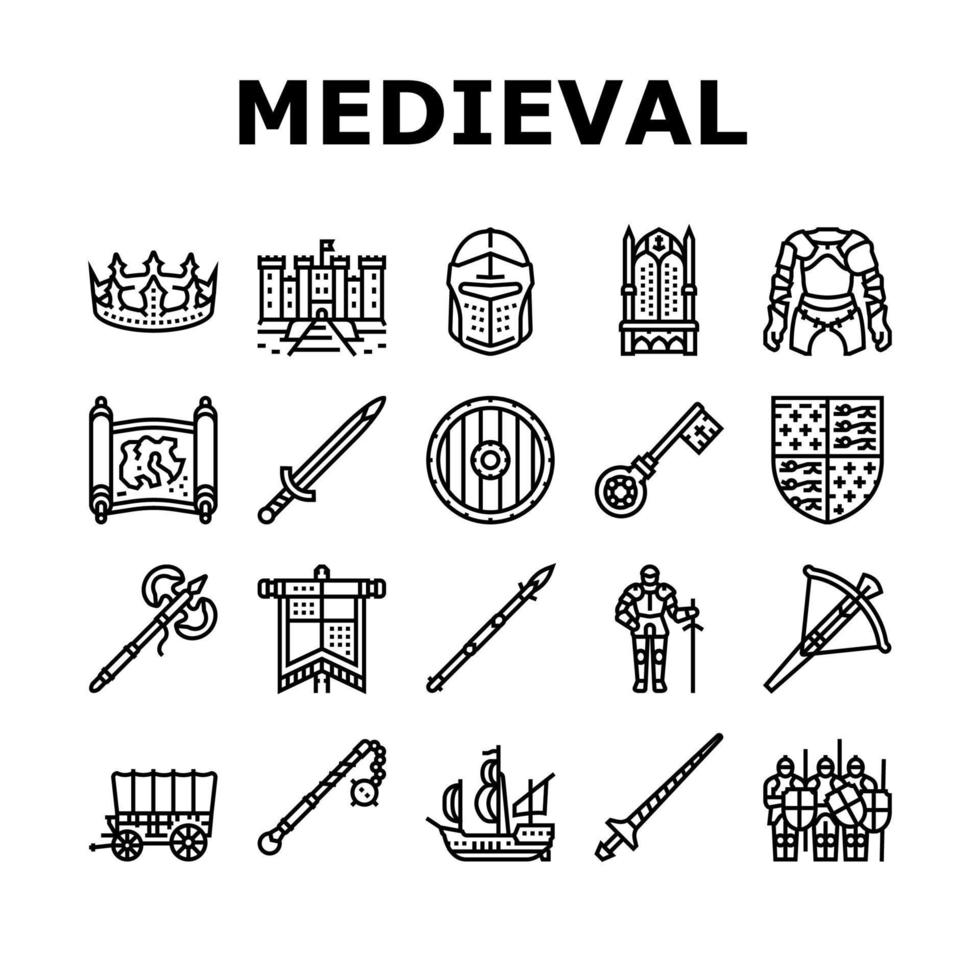 conjunto de ícones de armas e armaduras de guerreiro medieval vetor