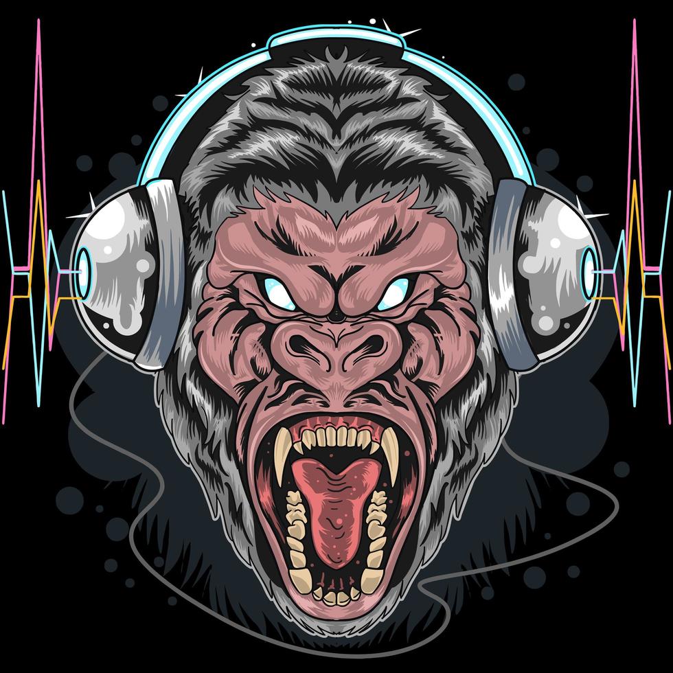 gorila feroz com design de fones de ouvido vetor