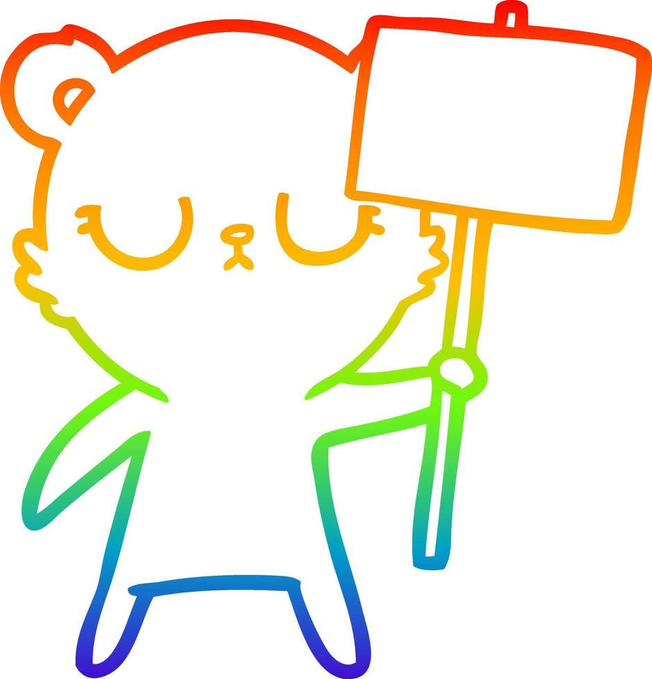 linha de gradiente de arco-íris desenhando filhote de urso de desenho animado pacífico com sinal de protesto vetor
