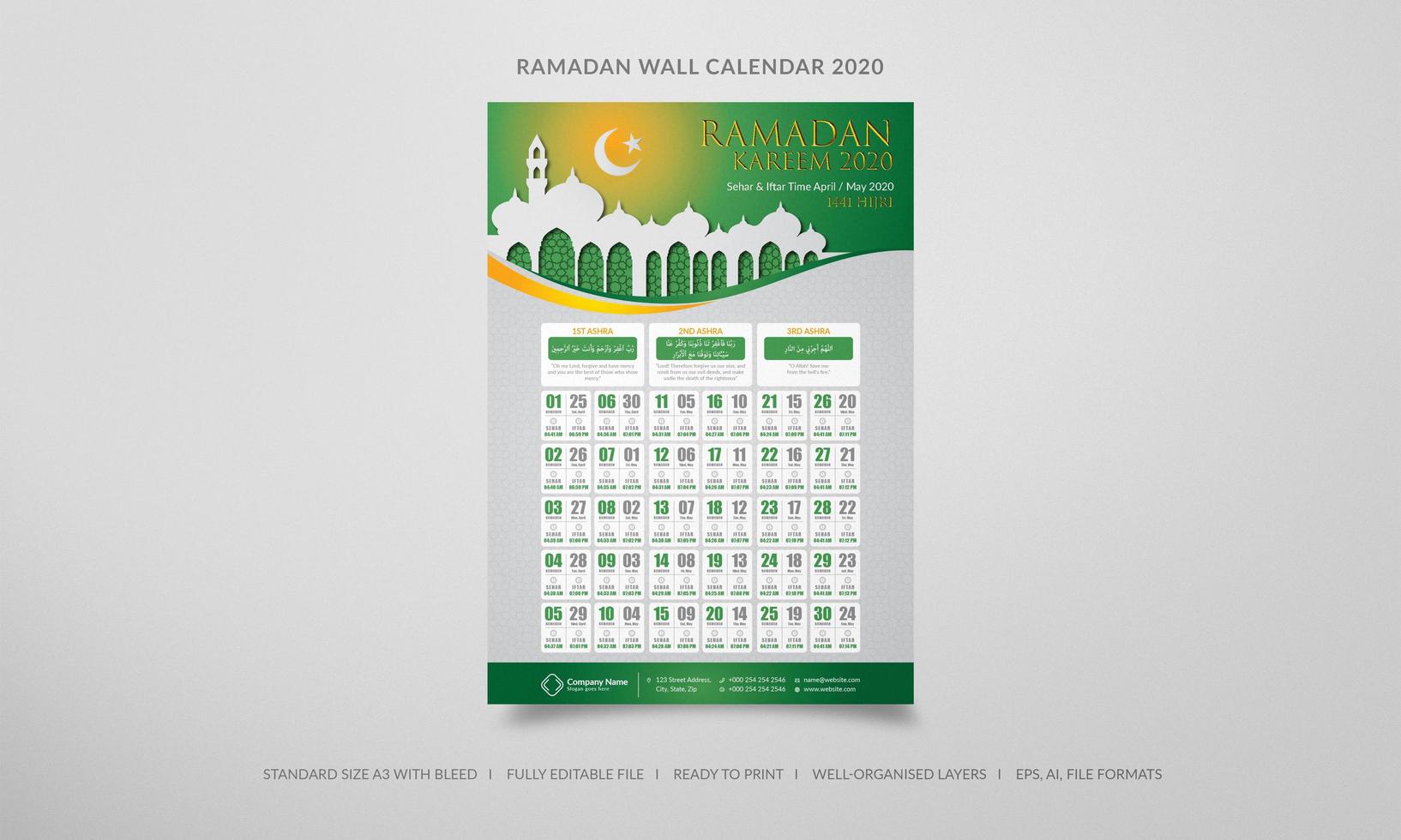 calendário de parede ramadan 2020 em verde e laranja vetor