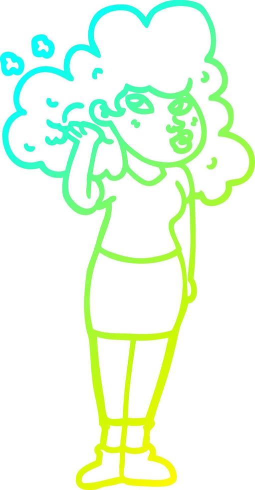 garota de desenho animado de desenho de linha de gradiente frio brincando com cabelo vetor