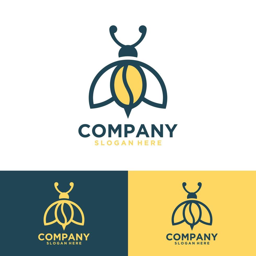 inspiração de design de logotipo de ícone de inseto de abelha com arte de linha minimalista de mariposa de combinação de grãos de café vetor
