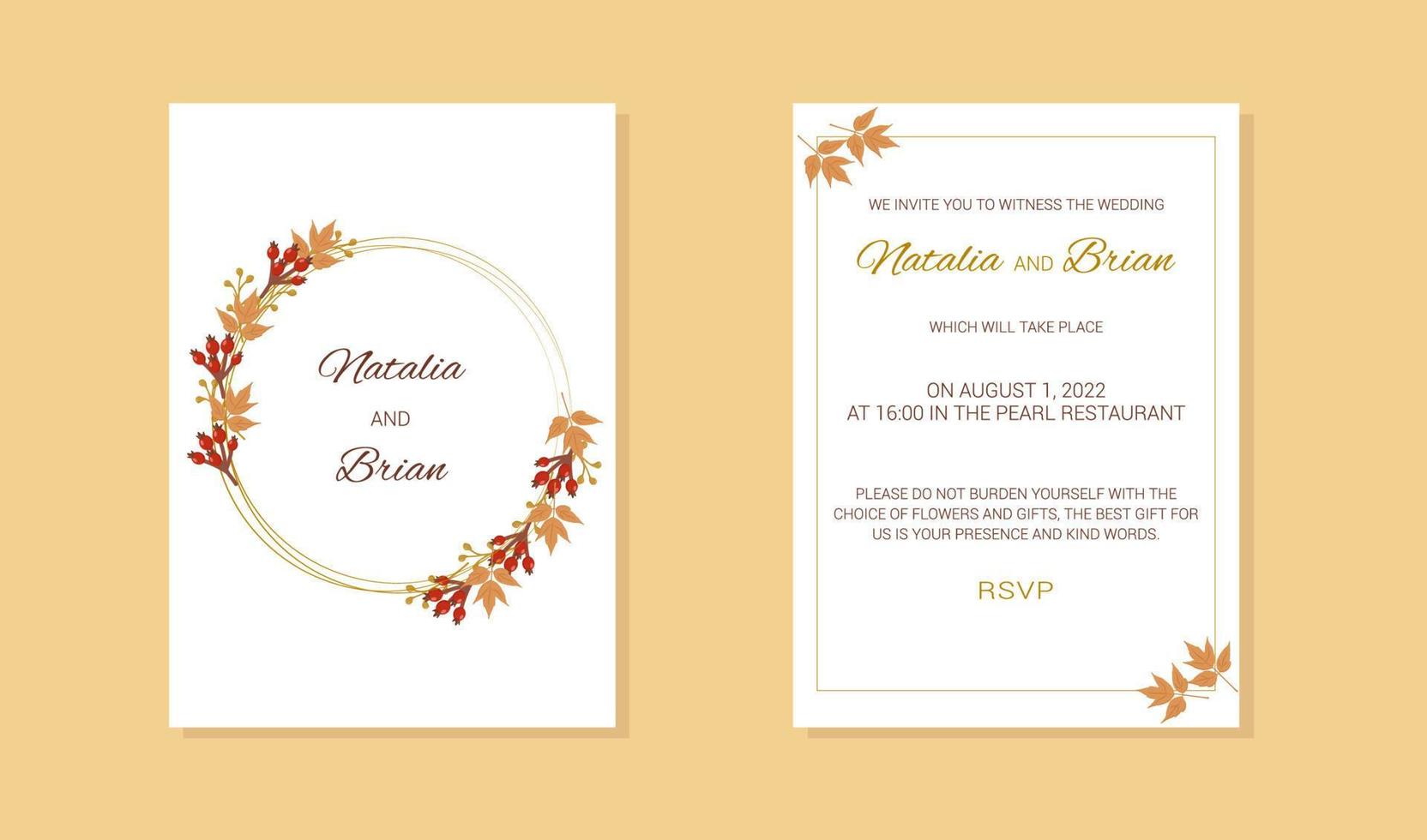 convite de casamento com uma moldura de folhas de outono e bagas de rosa mosqueta vetor