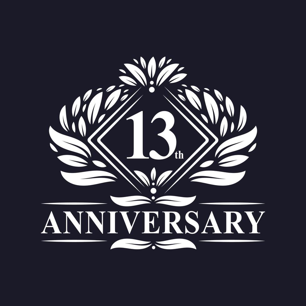 logotipo de aniversário de 13 anos, logotipo floral de 13º aniversário de luxo. vetor