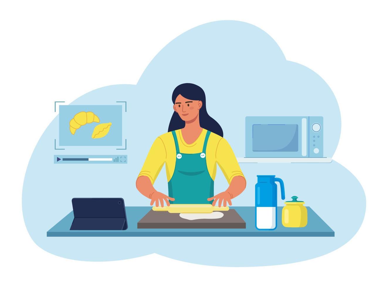 mulher cozinhando em casa usando vídeo na internet. dona de casa sorridente preparando massa para doces e croissants. personagem de senhora bonita. ilustração vetorial vetor