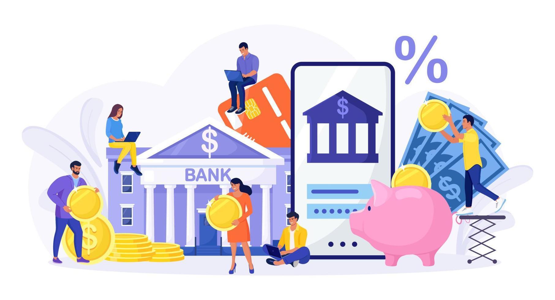 mobile banking e gestão financeira. pagamentos pela internet, transferências e depósitos. pessoas usando laptop e smartphone para serviços bancários e contábeis on-line. gerenciar finanças economizar para investimentos futuros vetor