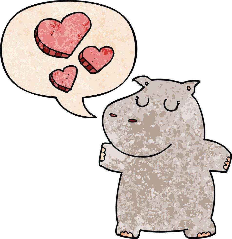 hipopótamo de desenho animado apaixonado e bolha de fala no estilo de textura retrô vetor