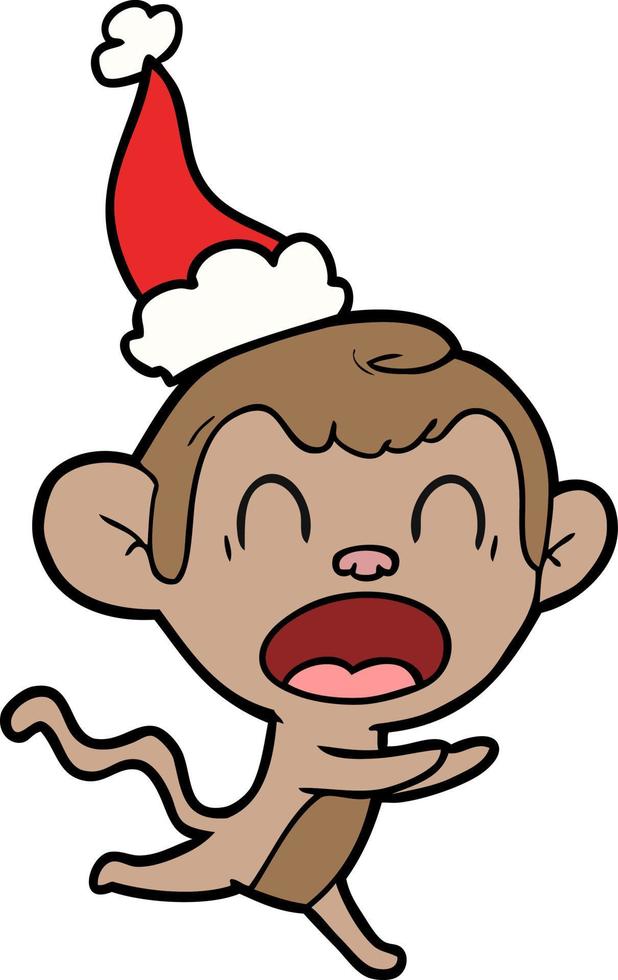 gritando desenho de linha de um macaco usando chapéu de papai noel vetor