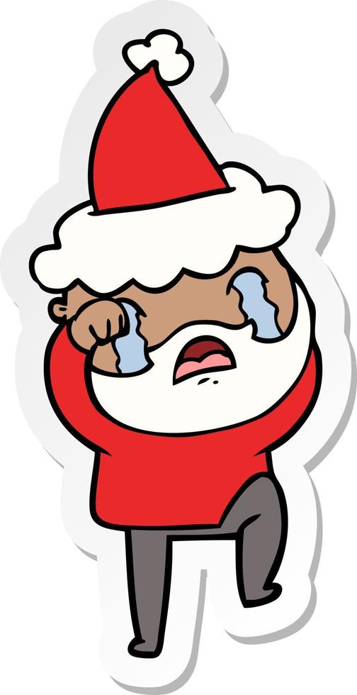 desenho de adesivo de um homem barbudo chorando e batendo o pé usando chapéu de papai noel vetor