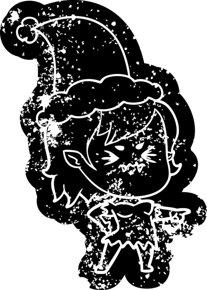 desenho irritado ícone angustiado de uma garota vampira usando chapéu de papai noel vetor