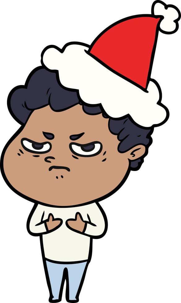 desenho de linha de um homem bravo usando chapéu de papai noel vetor