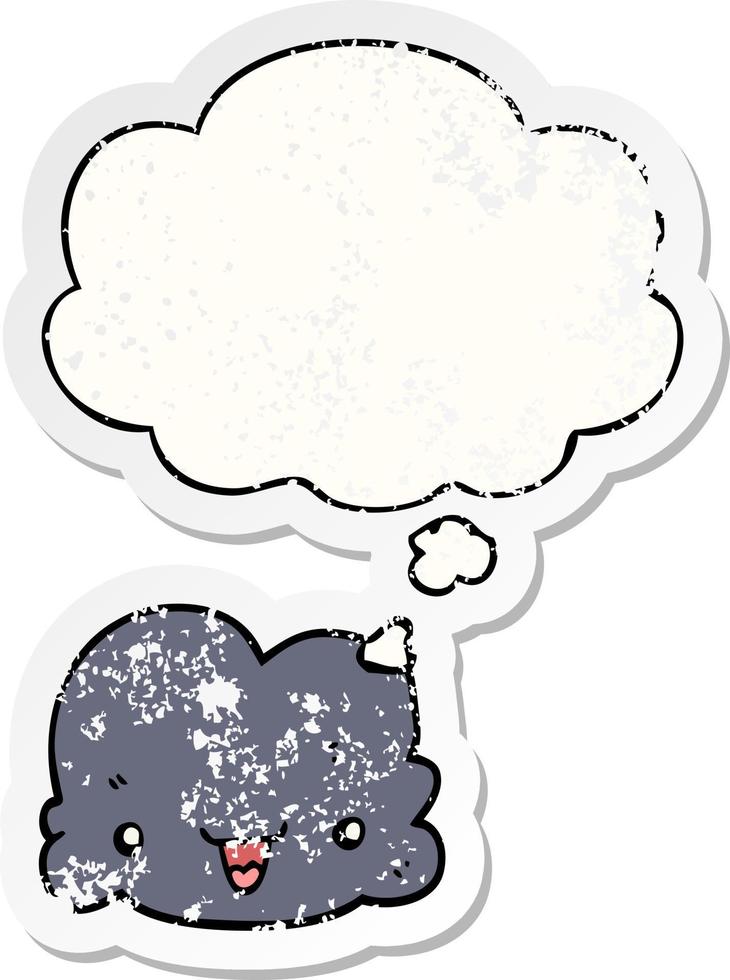 desenho animado pequena nuvem feliz e bolha de pensamento como um adesivo desgastado vetor