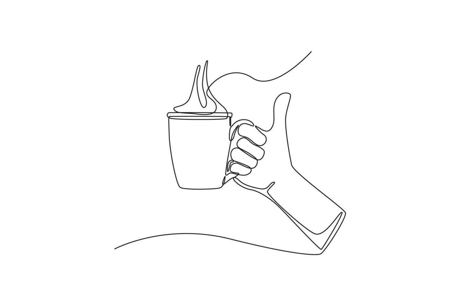 uma mão de desenho de linha contínua está segurando uma xícara de café. conceito de dia internacional do café. única linha desenhar desenho ilustração gráfica de vetor. vetor