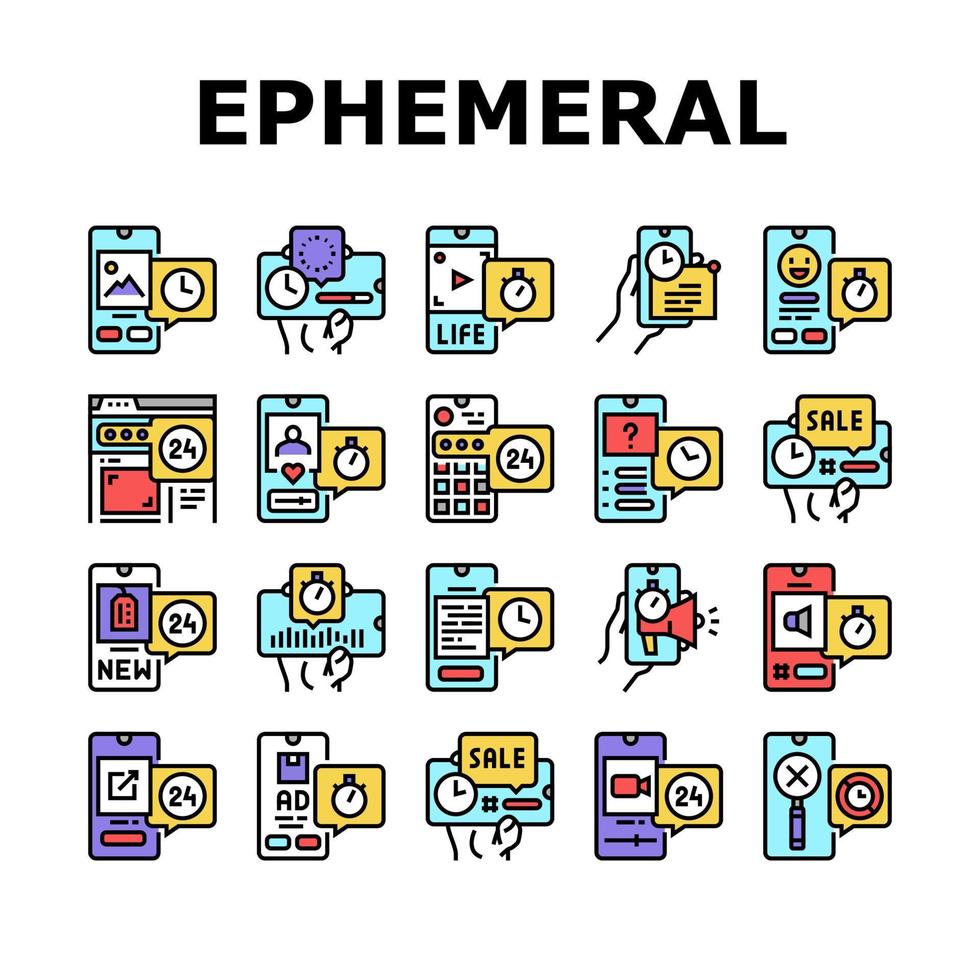 conjunto de ícones de coleção de conteúdo efêmero vetor