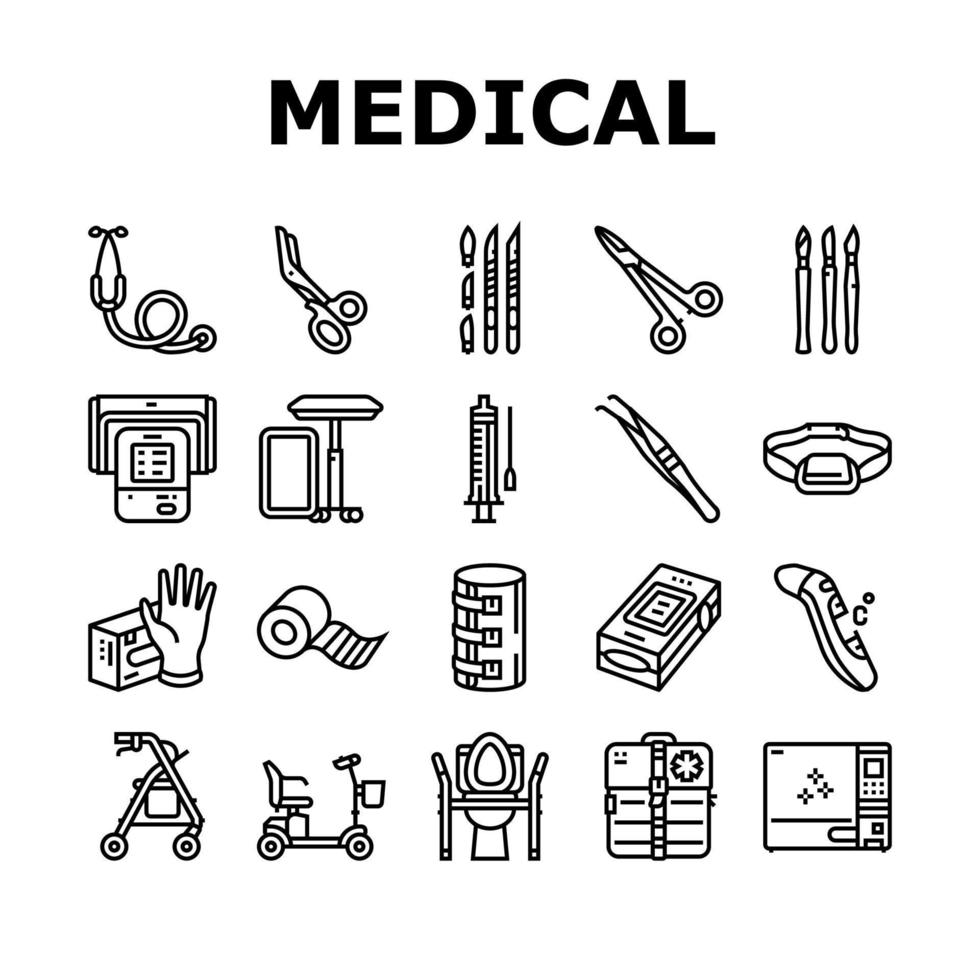 vetor de conjunto de ícones de instrumentos e equipamentos médicos