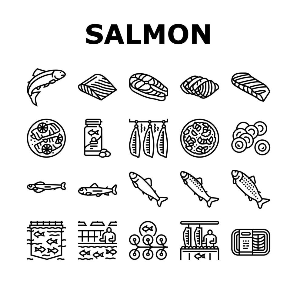 conjunto de ícones de frutos do mar deliciosos peixes de salmão vetor