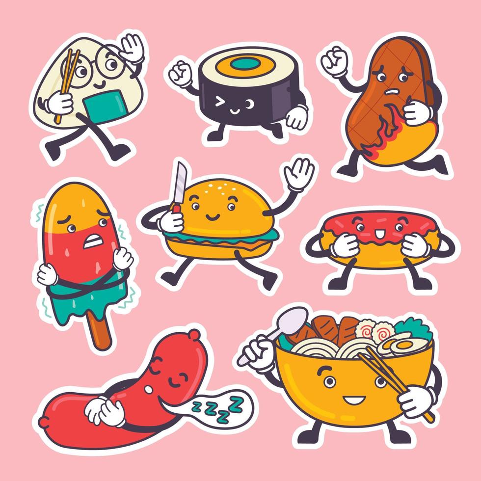 pacote de adesivos de comida kawaii bonito desenhado à mão vetor