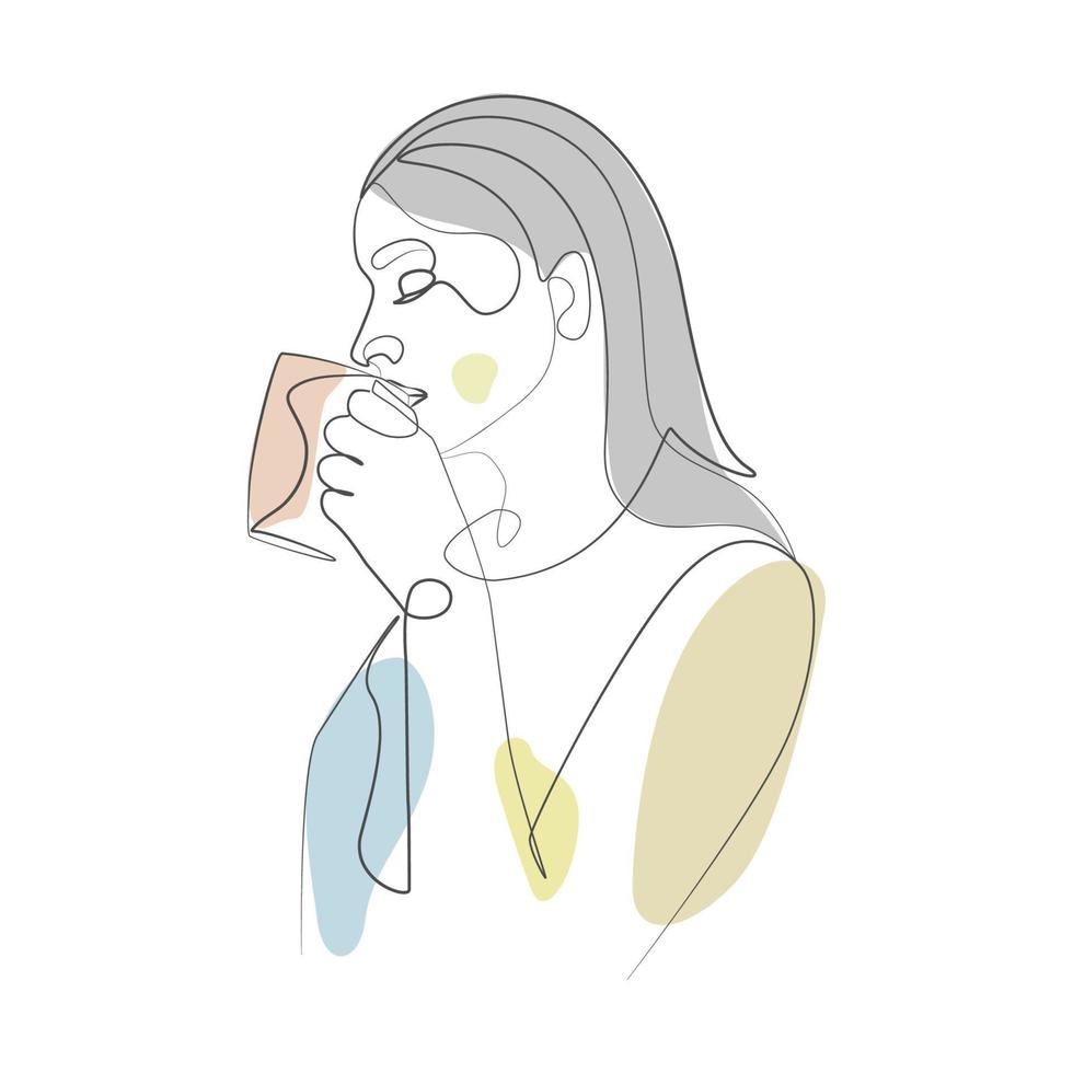 mulher com café mag xícara de chá elegante linha arte desenho vetor