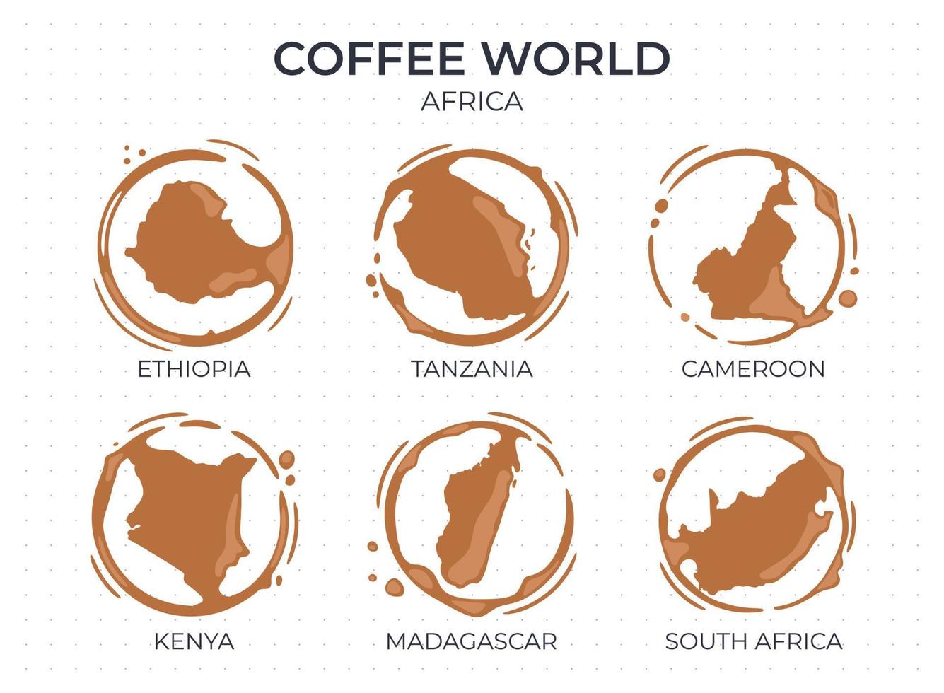 coleção de manchas redondas de xícara de café em forma de países de origem de café, produtores e exportadores da África. vetor cai e espirra em branco.